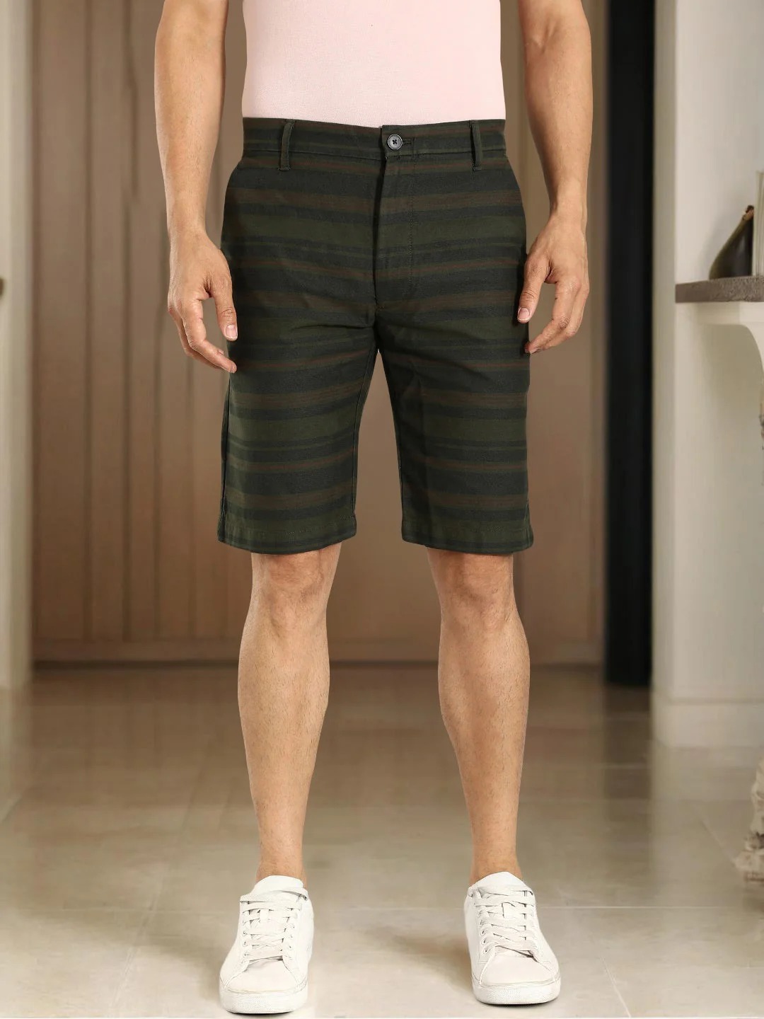 Indian Terrain Men's Slim Fit Striped Green Shorts